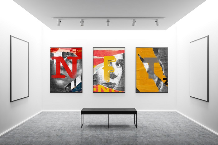 White art gallery interior with mock up posters