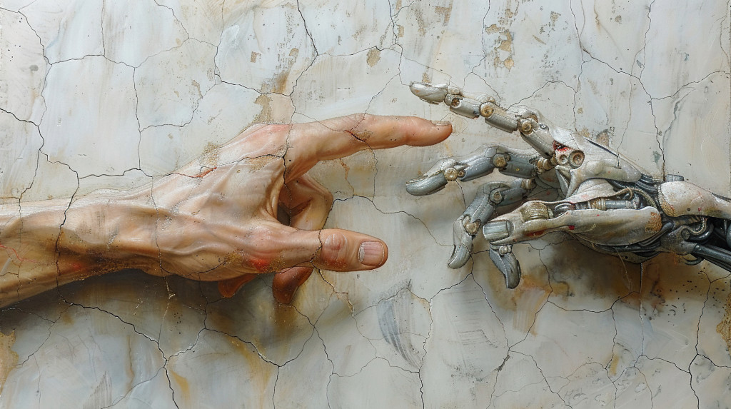 The painting depicts two hands reaching out to each other. Generated by AI