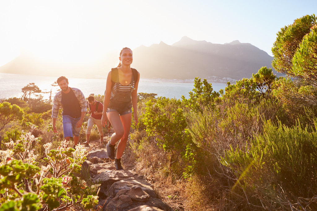 Group Of Friends Walking Along Coastal Path Together