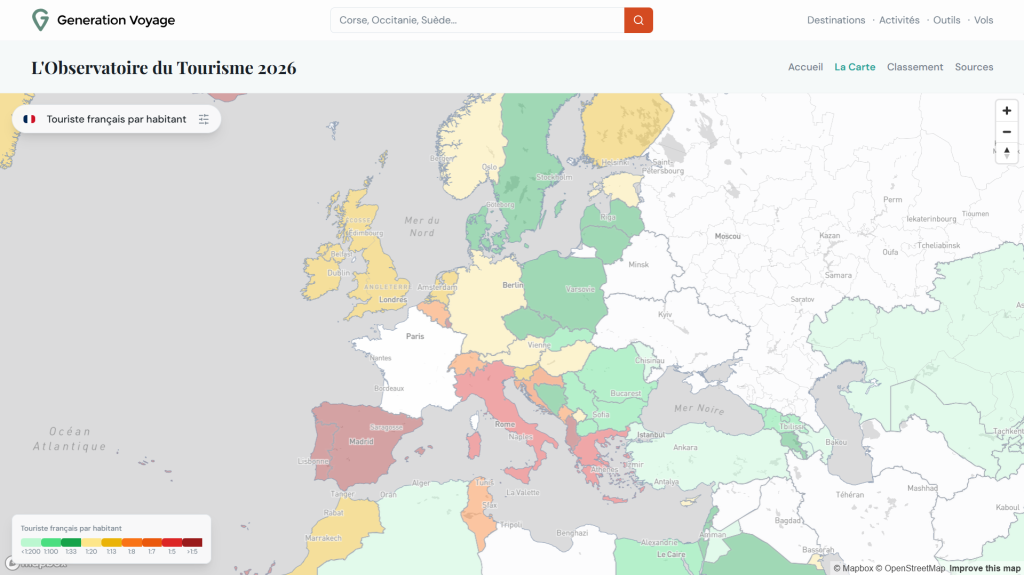 carte Europe des touristes français par habitant - Generation Voyage